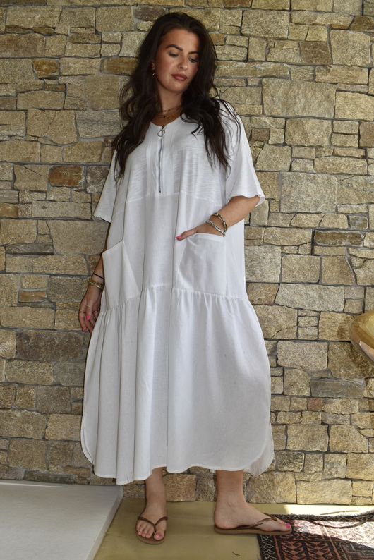 Rustic Nature Linen Blend Smock T Shirt Dress White